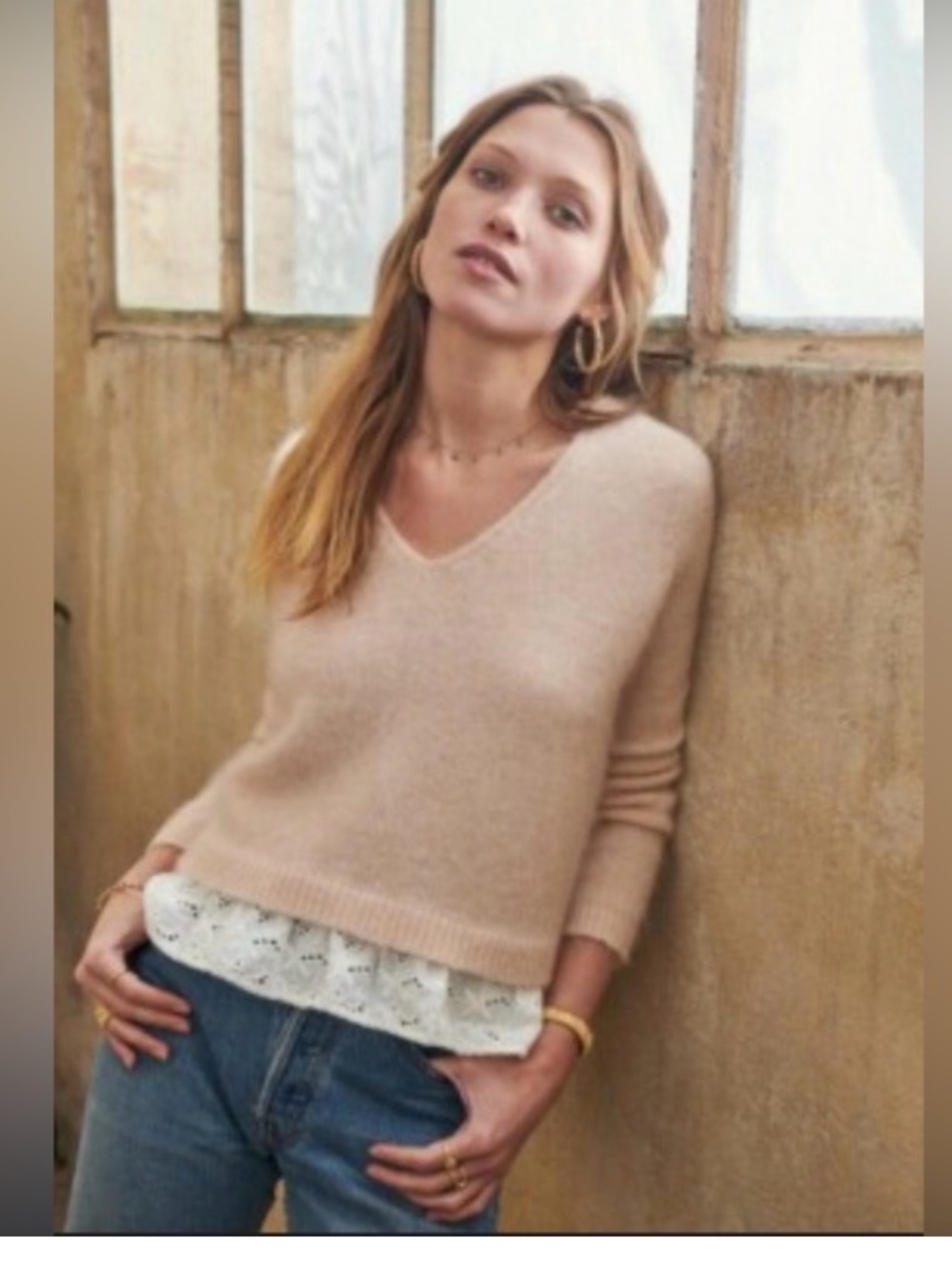 Sézane Alfred Jumper, Nude in Light Beige with eyelet ruffle
